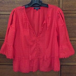 Madewell Blouse with Split Sleeve & Pom Pom Detail